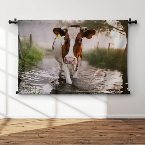 Bruin-witte koe in het water