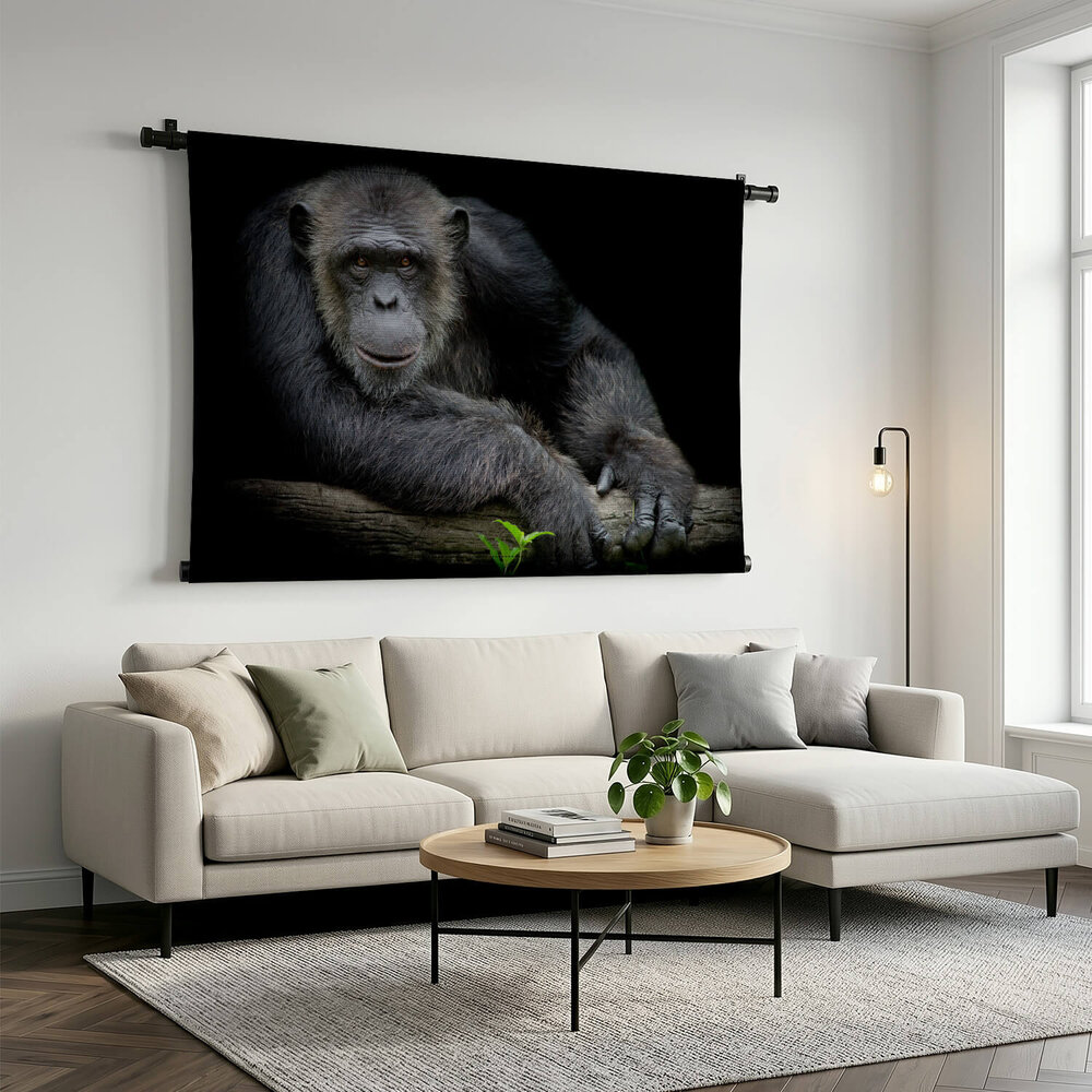Vrolijke chimpansee leunend op zijn arm