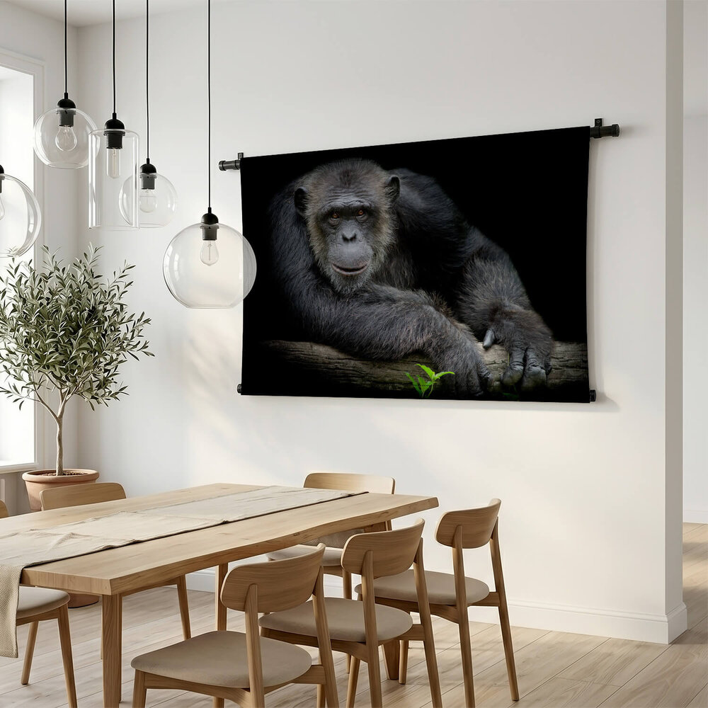 Vrolijke chimpansee leunend op zijn arm