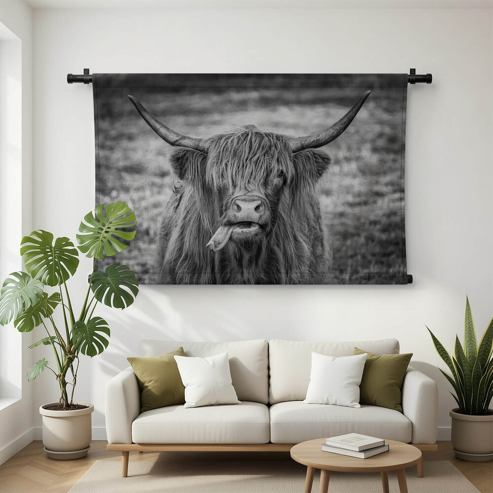 Zwart-wit beeld van Schotse hooglander