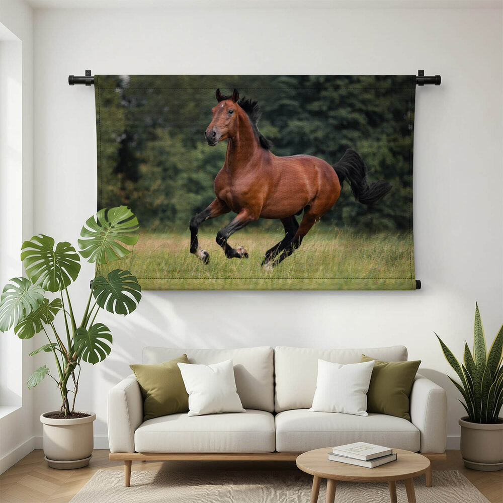 Voskleurig paard galopperend over het gras