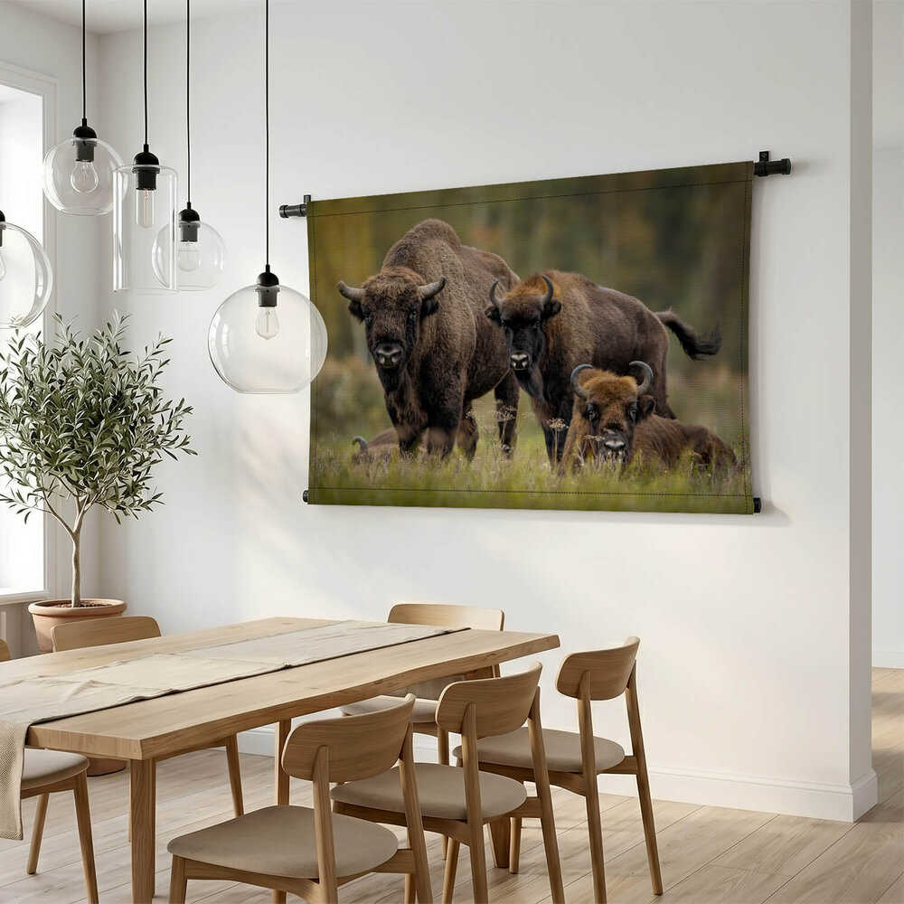 Familie bizon in het bos