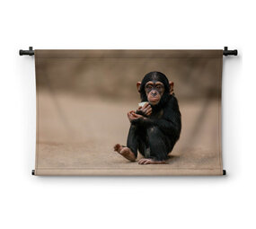 Jonge chimpansee gehurkt op de grond
