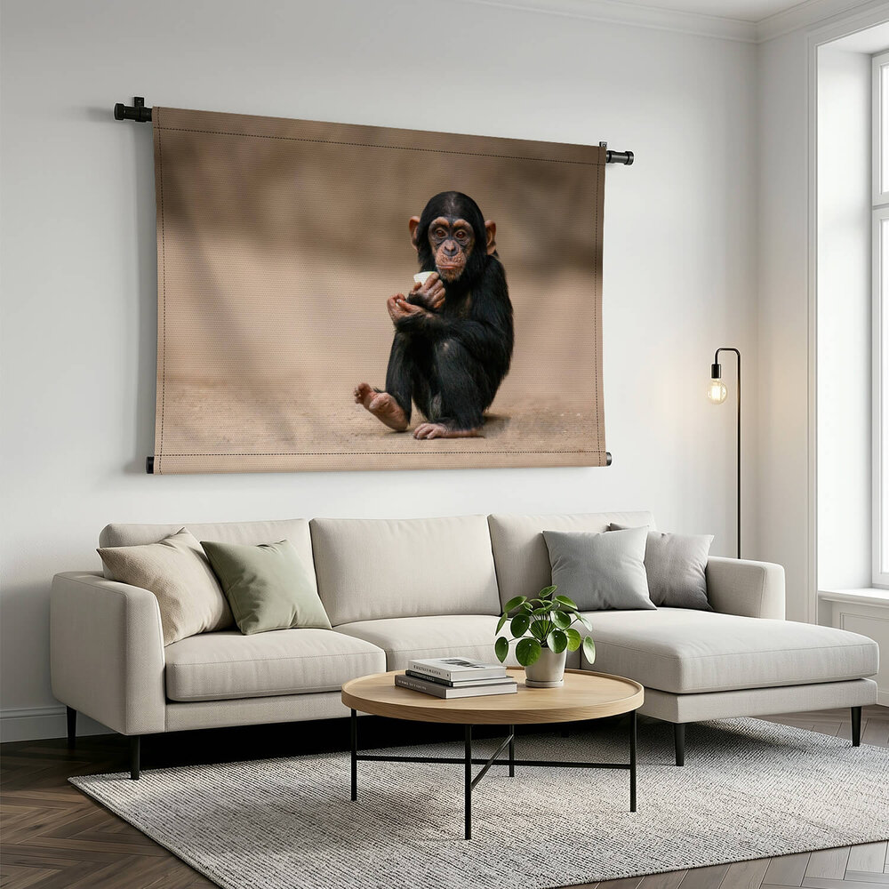 Jonge chimpansee gehurkt op de grond