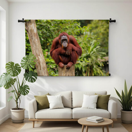 Orang-oetan zittend op boomstronk