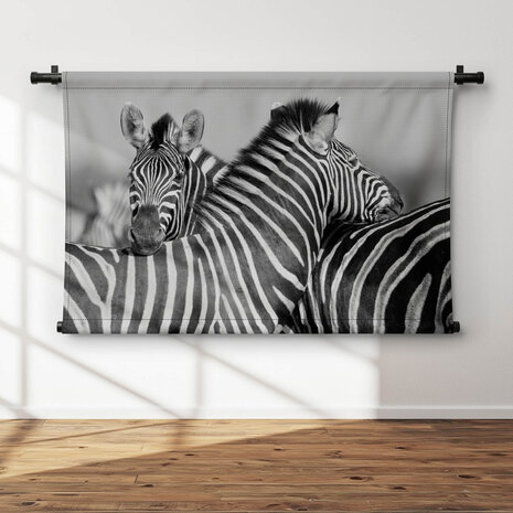 Zebra's samen bij elkaar in zwart-wit