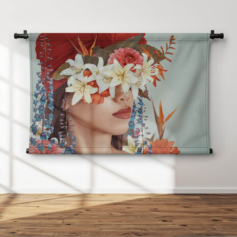Abstracte kunstcollage van Aziatische vrouw met bloemen