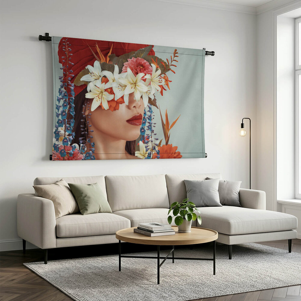 Abstracte kunstcollage van Aziatische vrouw met bloemen
