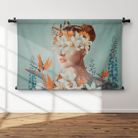 Abstract hedendaags kunstcollage portret van vrouw met bloemen