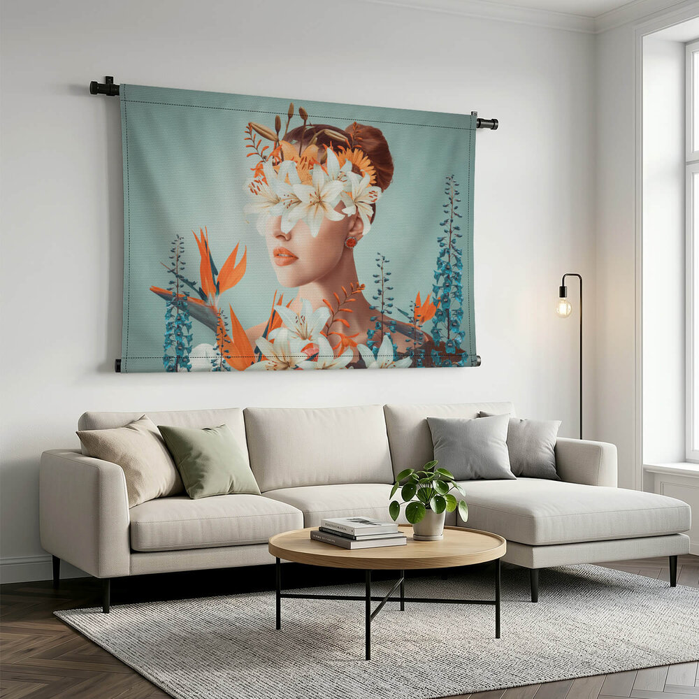 Abstract hedendaags kunstcollage portret van vrouw met bloemen