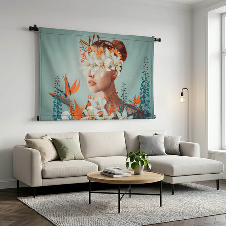 Abstract hedendaags kunstcollage portret van vrouw met bloemen