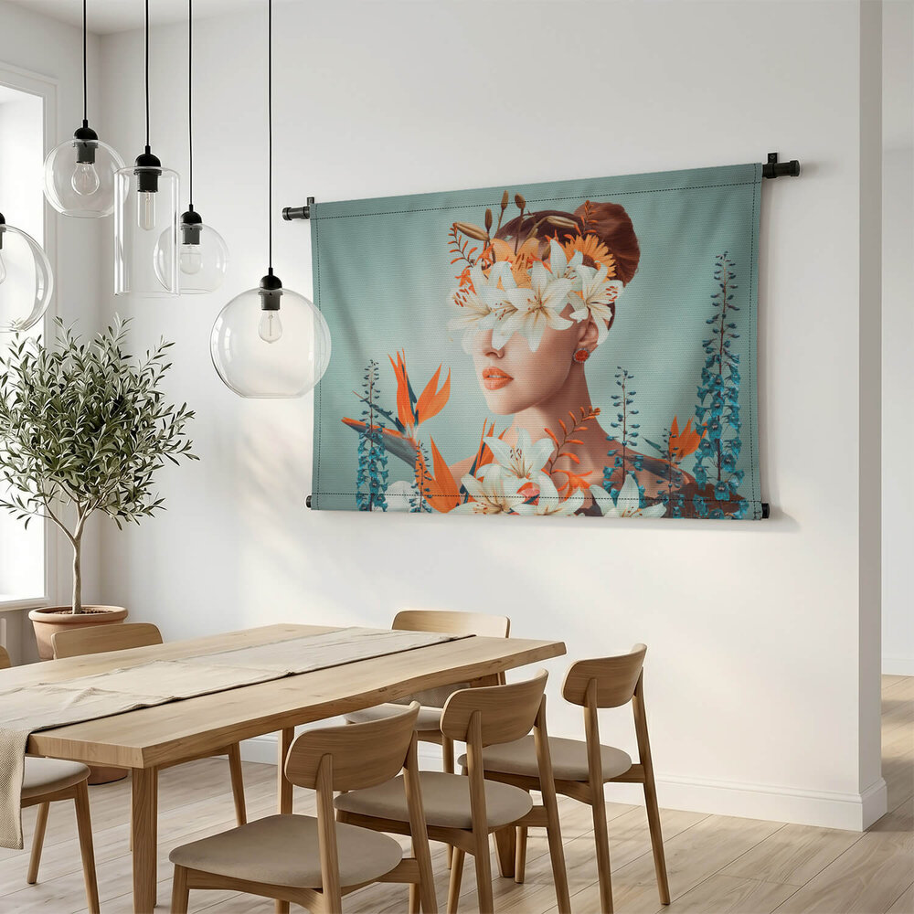 Abstract hedendaags kunstcollage portret van vrouw met bloemen