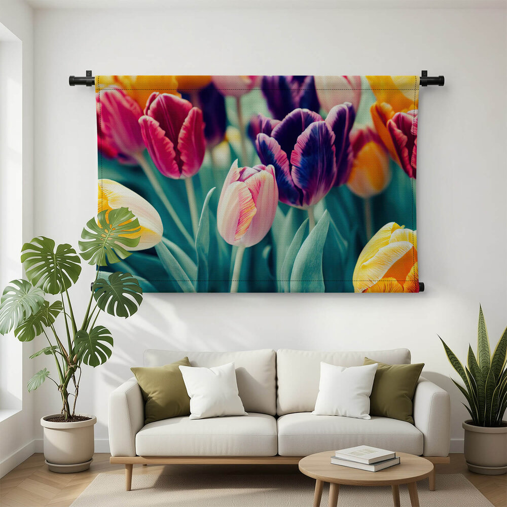 Frivool samenspel van gekleurde tulpen