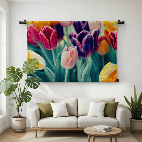 Frivool samenspel van gekleurde tulpen
