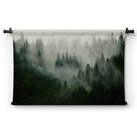Mistig landschap met sparrenbos