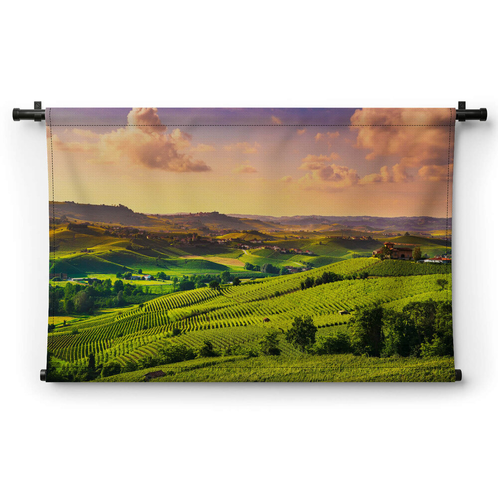 Uitgestrekte Italiaanse wijngaarden bij zonsondergang