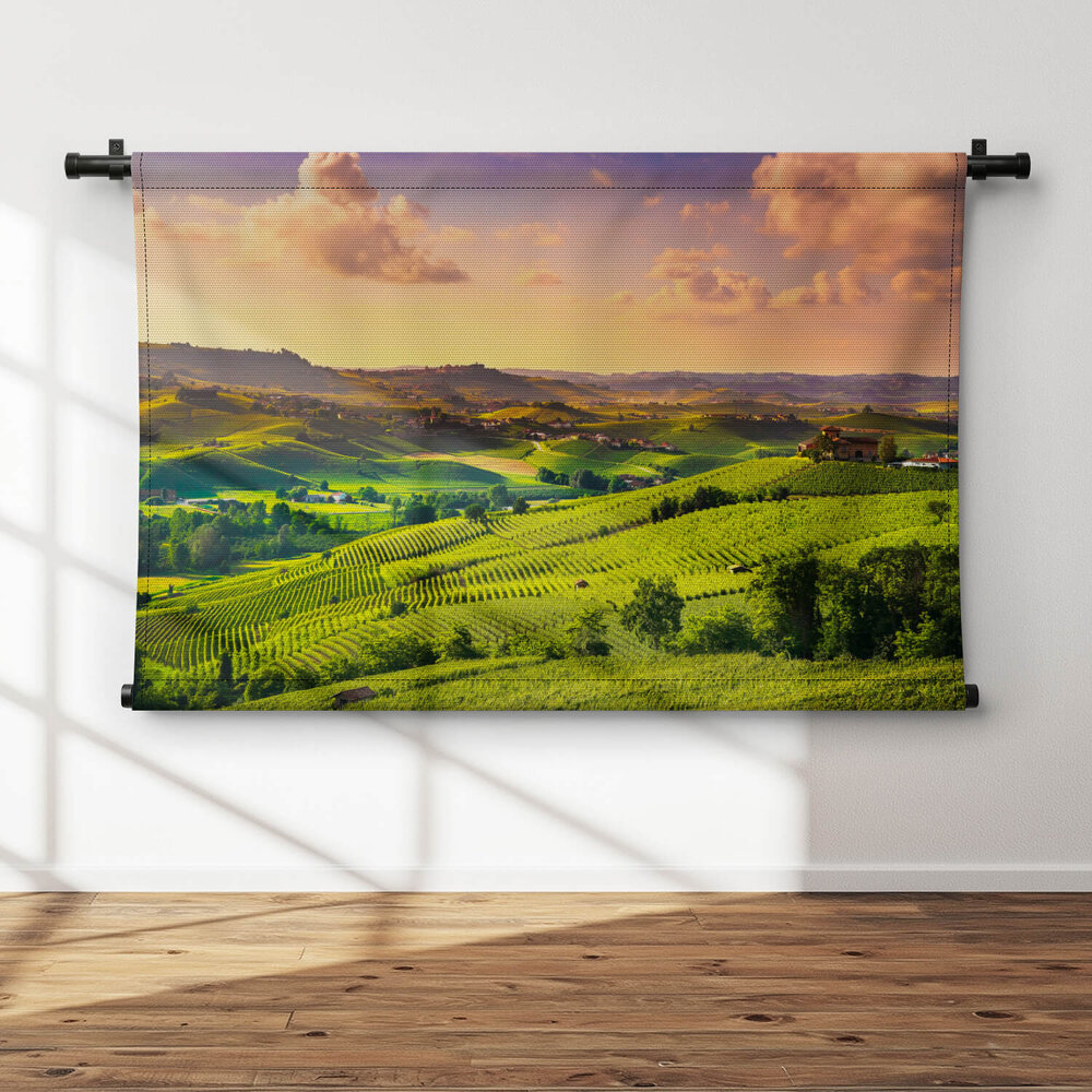 Uitgestrekte Italiaanse wijngaarden bij zonsondergang