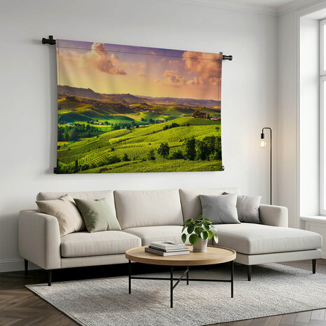 Uitgestrekte Italiaanse wijngaarden bij zonsondergang