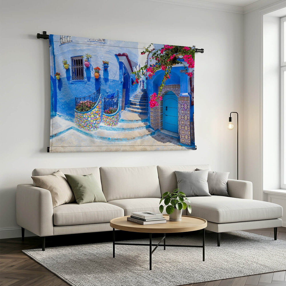 Pittoresk pleintje met blauwe huizen in Chefchaouen