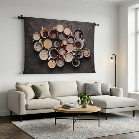 Collectie kopjes koffie van bovenaf