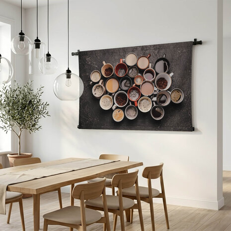 Collectie kopjes koffie van bovenaf