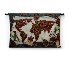 Wereldkaart van koffie en bonen op wit doek