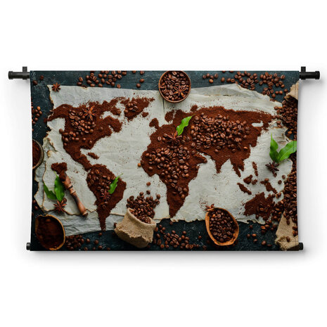 Wereldkaart van koffie en bonen op wit doek
