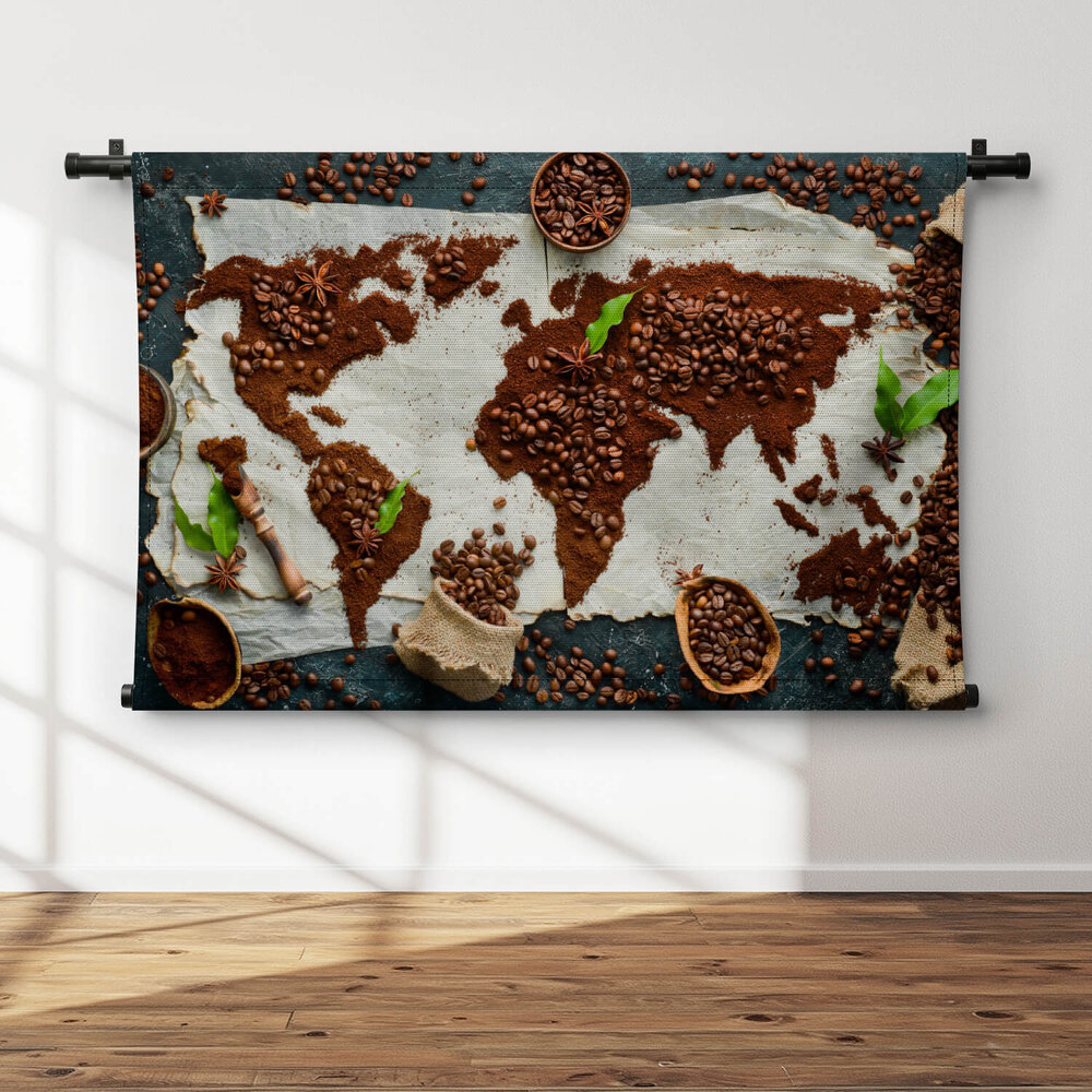 Wereldkaart van koffie en bonen op wit doek