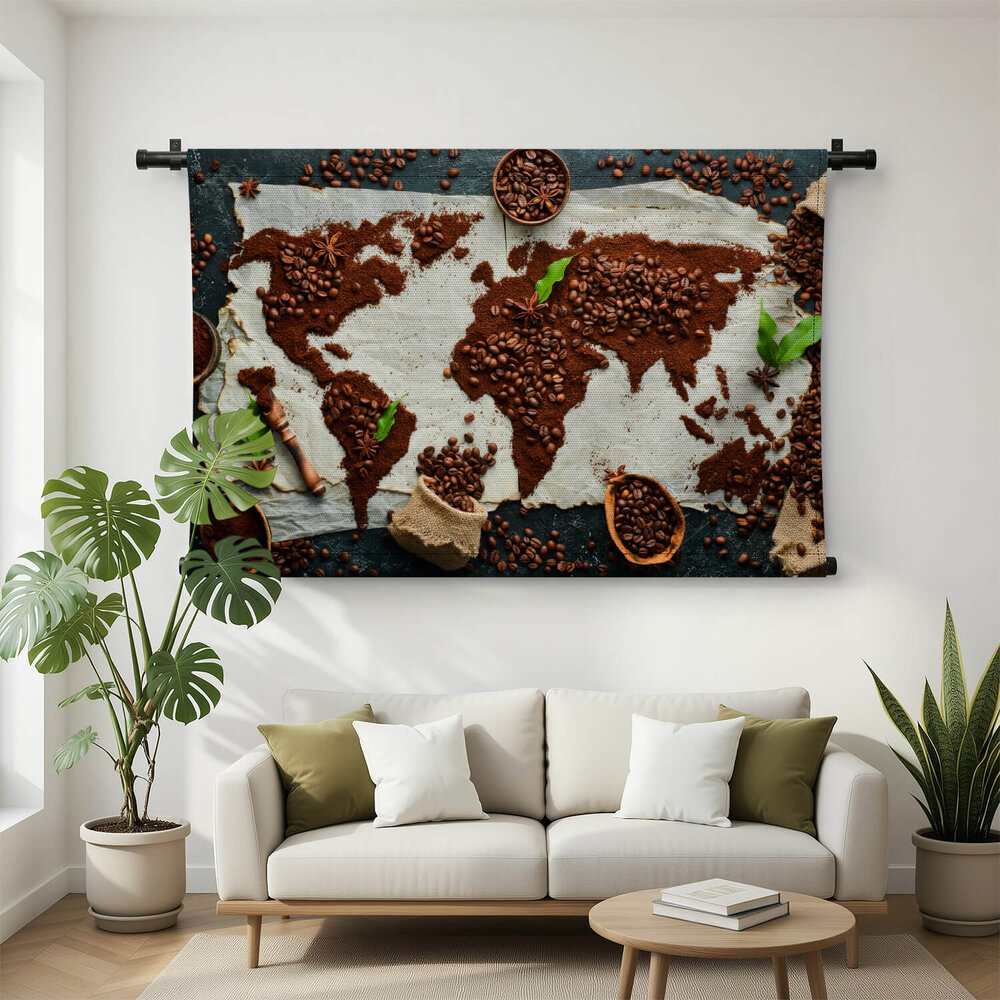Wereldkaart van koffie en bonen op wit doek