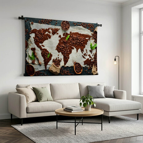 Wereldkaart van koffie en bonen op wit doek