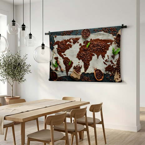 Wereldkaart van koffie en bonen op wit doek