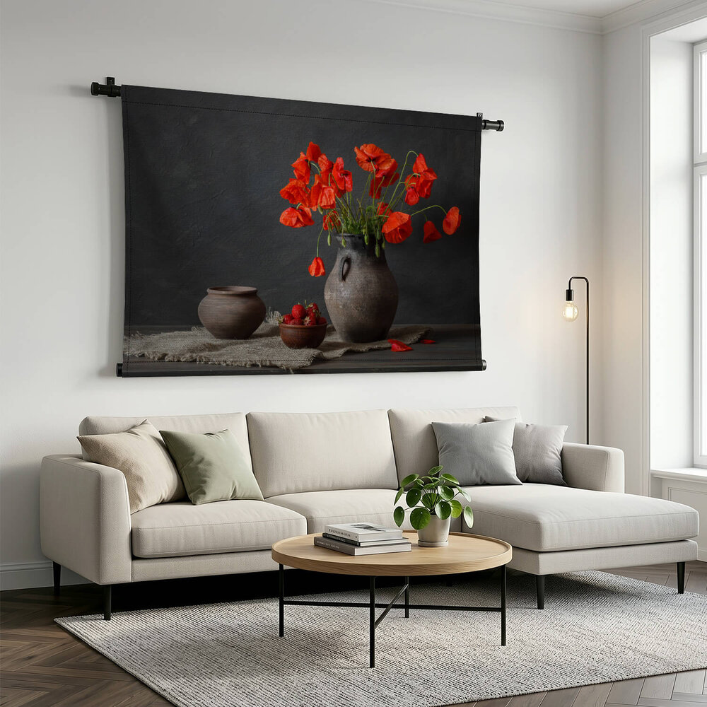 Stilleven van schalen vaas met klaprozen