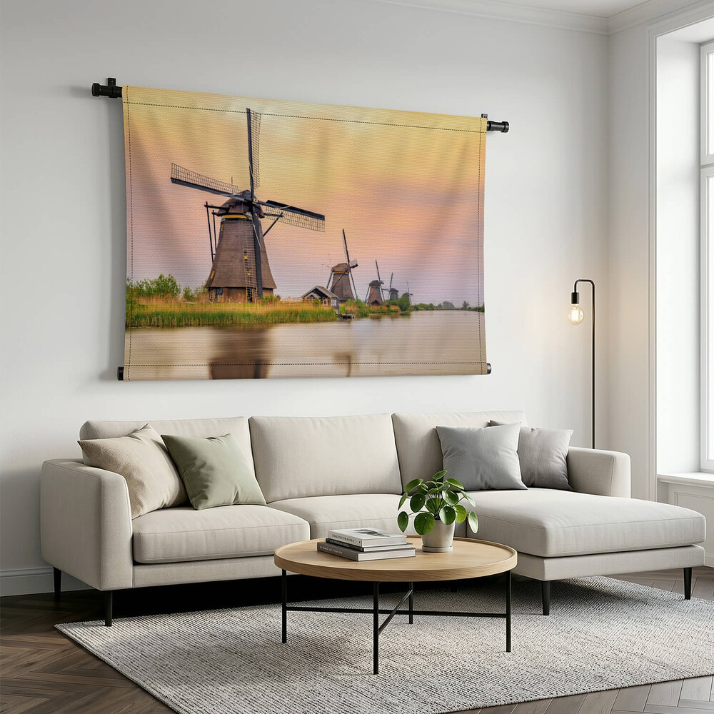 Windmolens in Kinderdijk bij zonsondergang