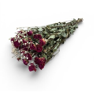 Boeketje met 8 fuchsia Trosrozen en 2 takken wit naturel Gipskruid | ↕ Lengte 50 cm