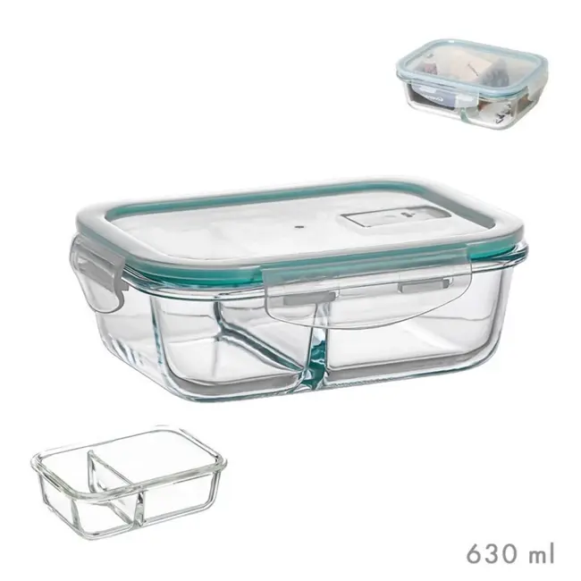Glazen lunchbox met 2 vakken en BPA-vrije hermetische klikdeksel – 630 ml