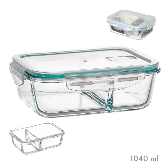 Glazen lunchbox met 2 vakken en BPA-vrije hermetische klikdeksel – 1040 ml