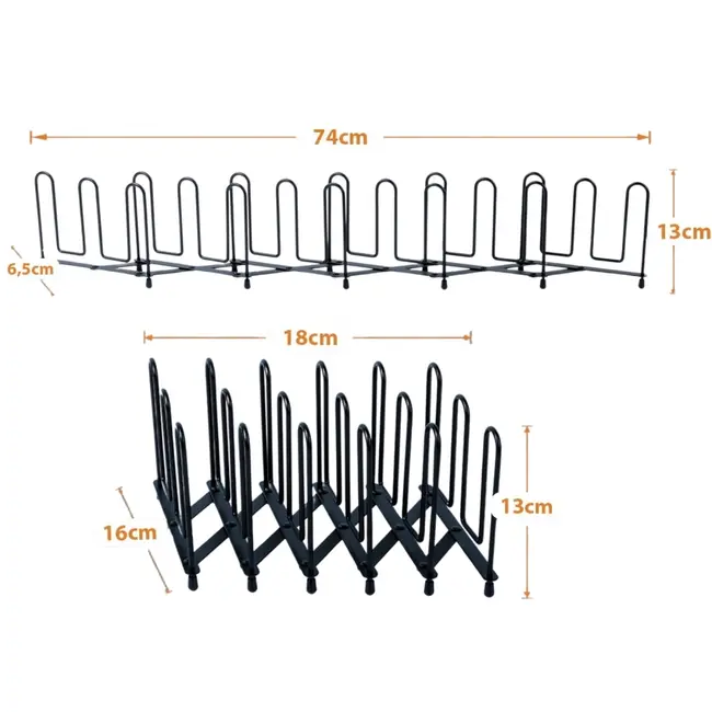 Ausziehbarer Metall-Deckel- und Tellerorganizer schwarz – 8 bis 74 cm