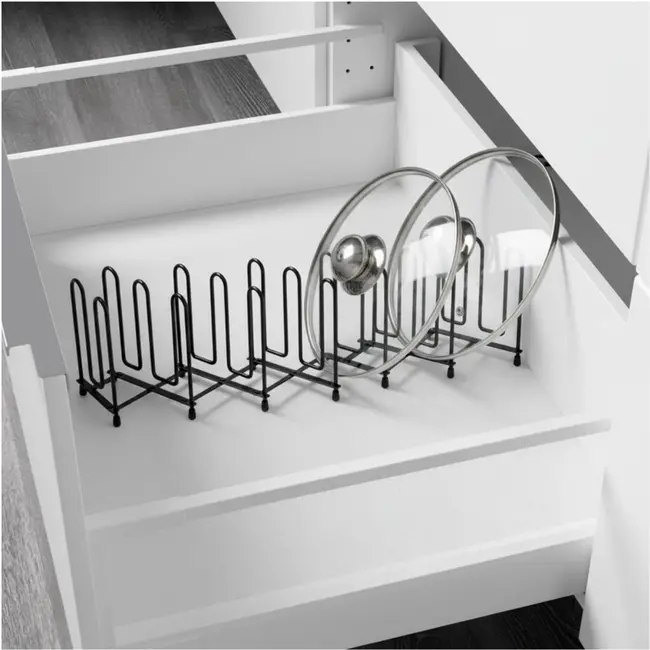 Expandable black metal lid and plate organizer – 8 to 74 cm