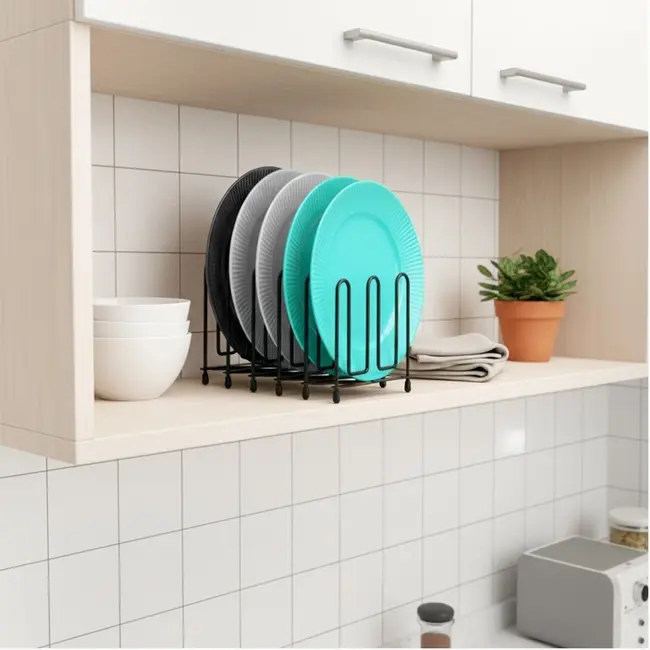 Expandable black metal lid and plate organizer – 8 to 74 cm
