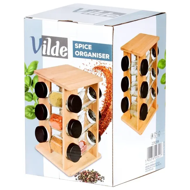 Rotating bamboo spice rack with 12 glass spice jars