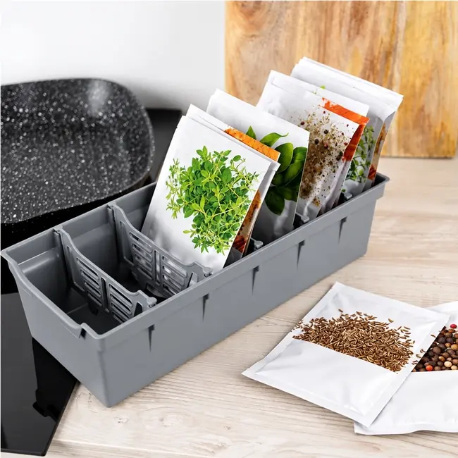 Grauer Kräuter- und Gewürzorganizer mit 6 Fächern – 30 x 13 x 8 cm
