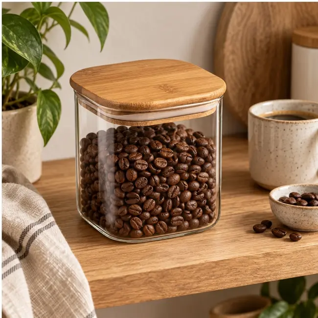 Eckiges Glas-Vorratsglas mit Bambusdeckel – 800 ml
