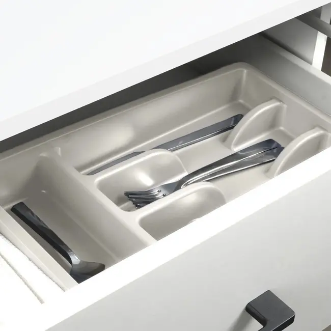 Ash grey plastic cutlery drawer organizer with 5 compartments – 36 x 25.5 cm