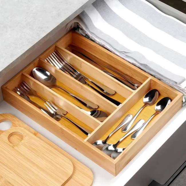 Bamboo cutlery drawer organizer with 5 compartments – 35 x 25 cm