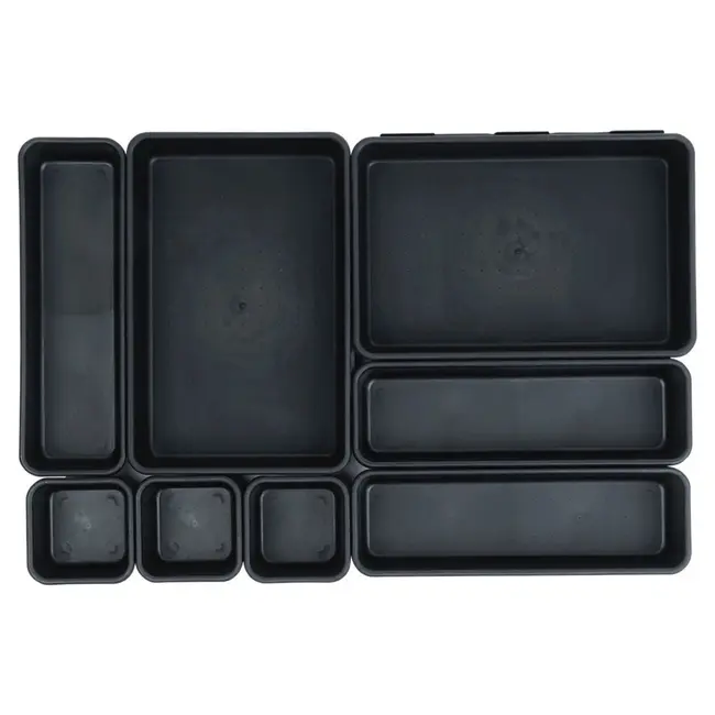 Black modular drawer organizer set with 8 containers