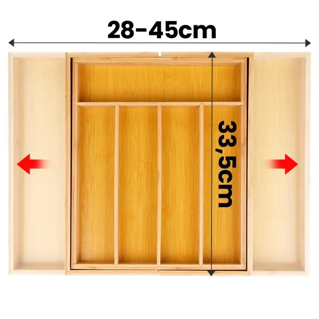 Ausziehbarer Bambus-Besteckkasten mit bis zu 7 Fächern – 28-45 x 33,5 cm