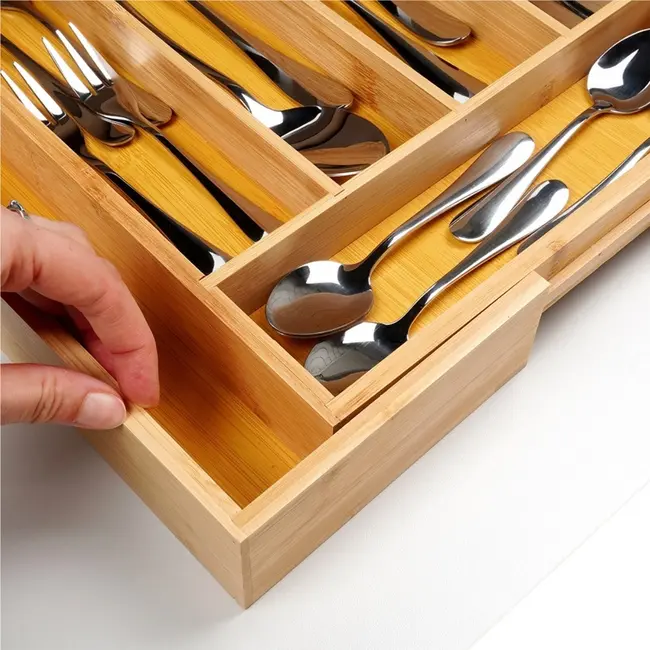 Expandable bamboo cutlery drawer organizer with up to 7 compartments – 28-45 x 33.5 cm