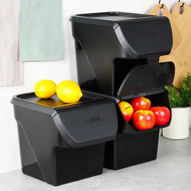 Zwarte groente- en fruit voorraadbak met deksel – 13 liter
