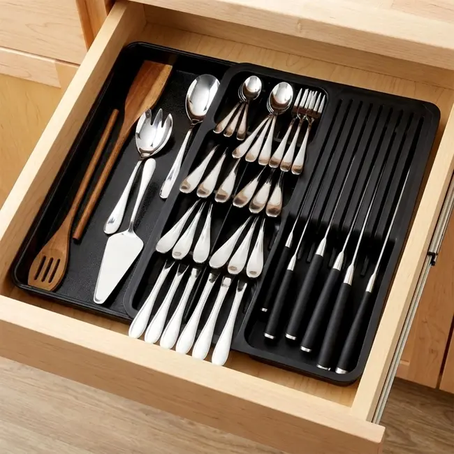Uitschuifbare zwarte bestekbak 40 × 31 cm – tot 45,5 cm