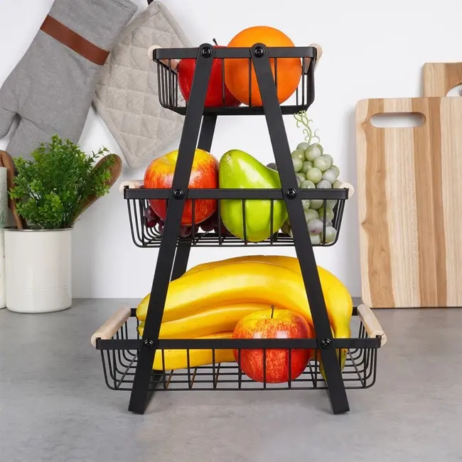Schwarzer Obst- & Gemüsekorb 3-stufig 28 × 17,5 × 34,5 cm